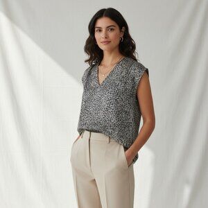 100% Silk  Black & White Leaf Print Blouse XS Cap Sleeves Lightweight joie